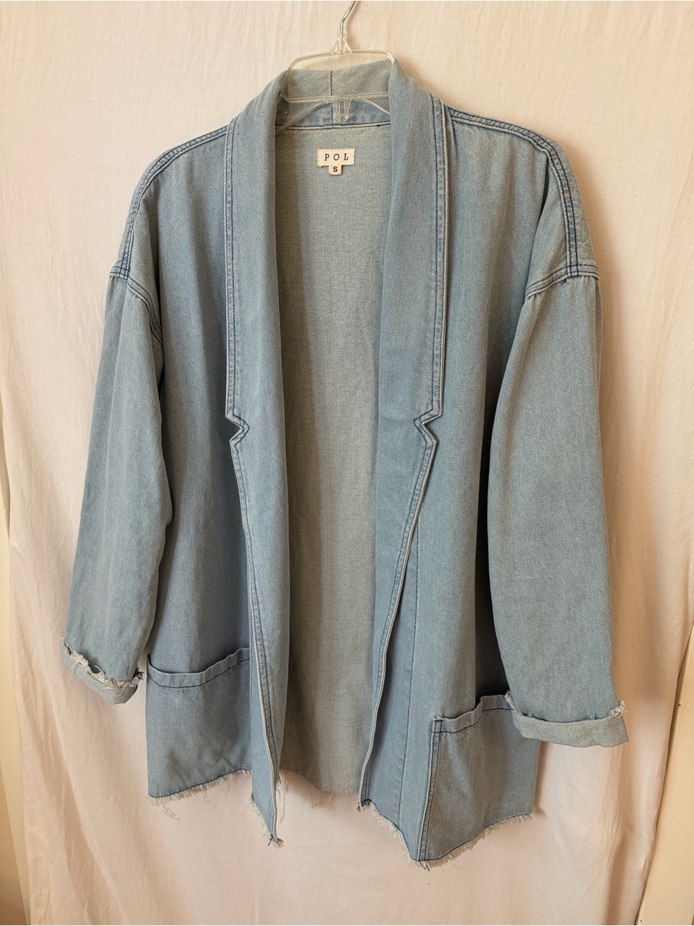 POL Oversized Denim Open Front Jacket Raw Hem Size S